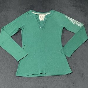 Y2K Lei Top Womens L Green Long Sleeve Ribbed Knit V-neck Sequin Trim Shirt